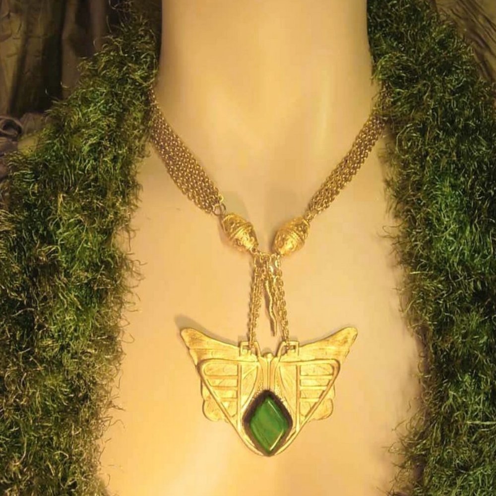 Statement Necklace Egyptian Revival Moth & Snake Golden Malachite-like stone